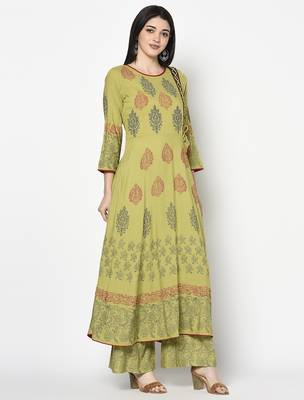 Rayon block print anarkali palazzo set,parrot green,(s,m,l,xl,2xl,3xl) 3