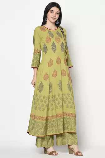 Rayon block print anarkali palazzo set,parrot green,(s,m,l,xl,2xl,3xl)