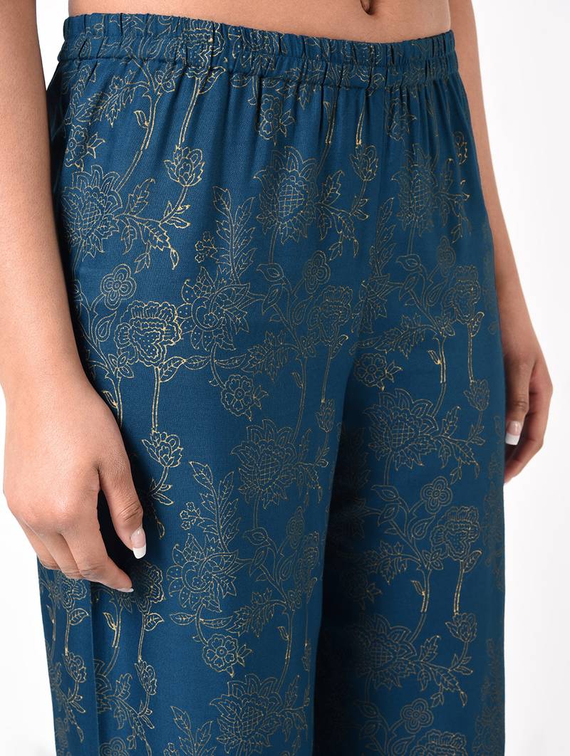 Rayon block print flared palazzo,blue,(s,m,l,xl,2xl,3xl)