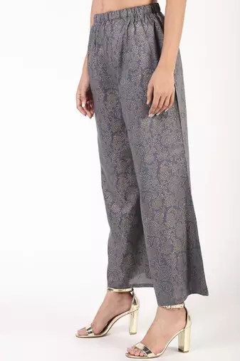 Rayon gold print flared palazzo,grey,(s,m,l,xl,2xl,3xl)