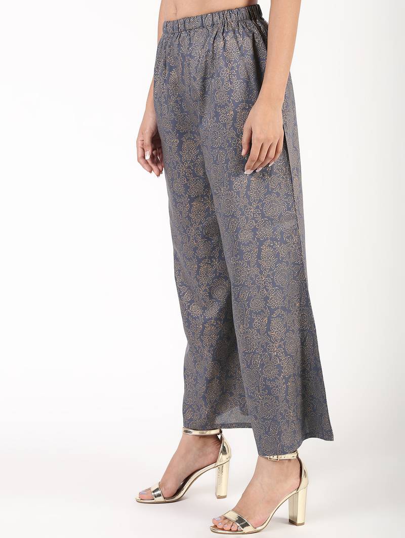 Rayon gold print flared palazzo,grey,(s,m,l,xl,2xl,3xl)