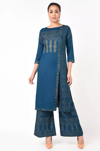Rayon block print flared palazzo,blue,(s,m,l,xl,2xl,3xl)
