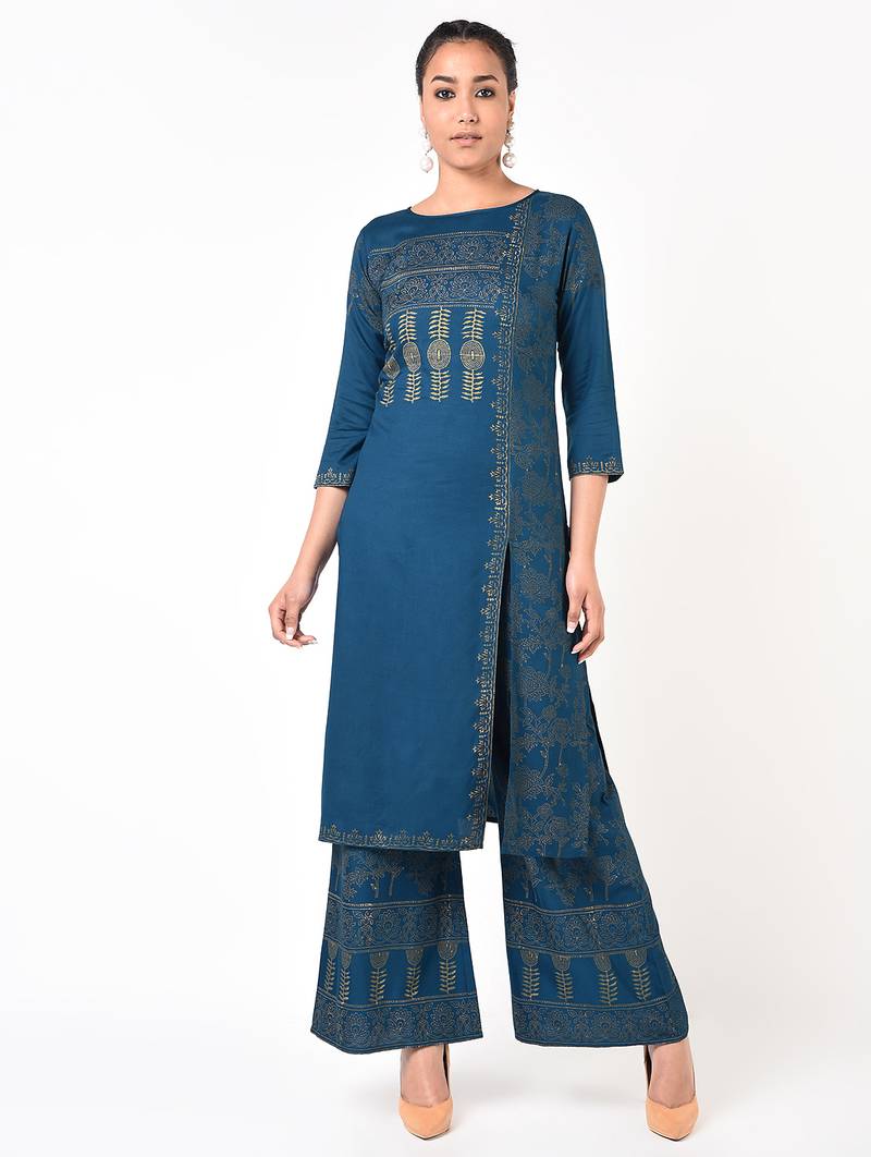 Rayon block print flared palazzo,blue,(s,m,l,xl,2xl,3xl)