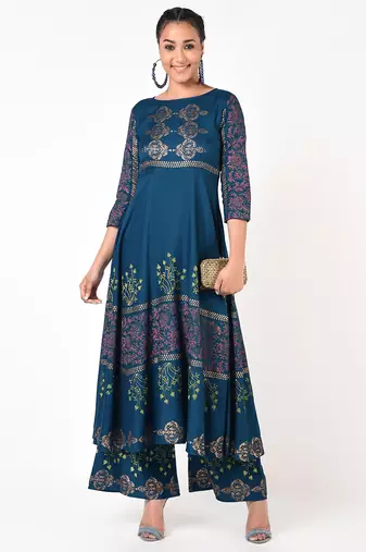 Rayon block print flared palazzo,blue,(s,m,l,xl,2xl,3xl)