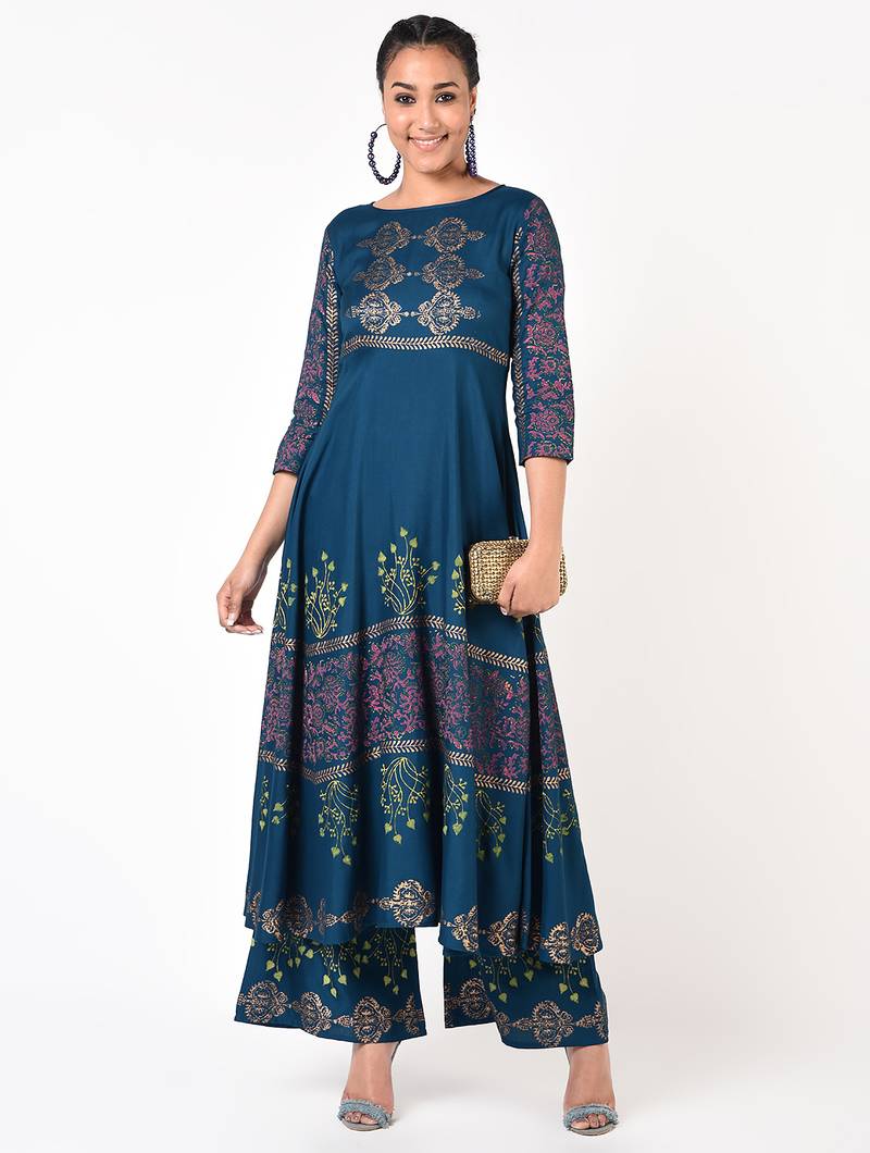 Rayon block print flared palazzo,blue,(s,m,l,xl,2xl,3xl)