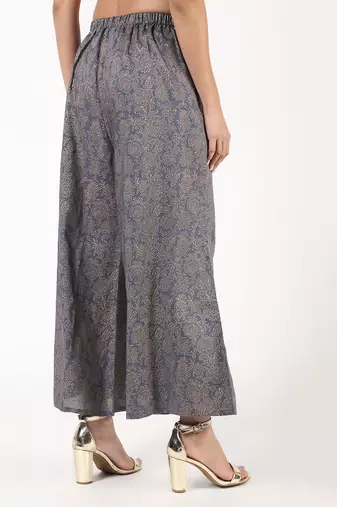 Rayon gold print flared palazzo,grey,(s,m,l,xl,2xl,3xl)