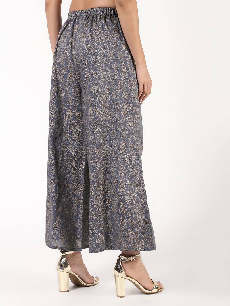 Rayon gold print flared palazzo,grey,(s,m,l,xl,2xl,3xl)