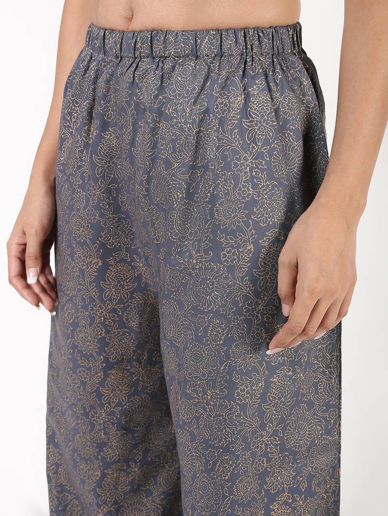 Rayon gold print flared palazzo,grey,(s,m,l,xl,2xl,3xl)