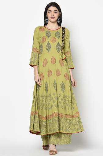 Rayon block print anarkali kurta parrot green
