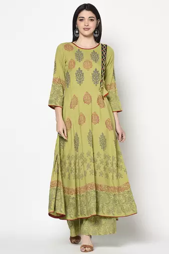 Rayon block print anarkali kurta,parrot green,(s,m,l,xl,2xl,3xl)