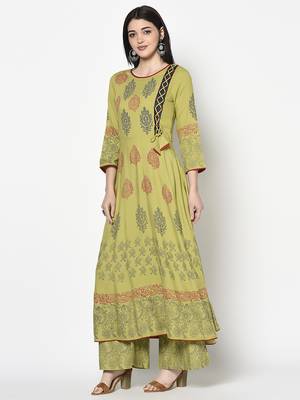 Rayon block print anarkali kurta,parrot green,(s,m,l,xl,2xl,3xl) 2