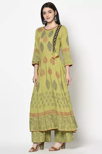 Rayon block print anarkali kurta,parrot green,(s,m,l,xl,2xl,3xl)