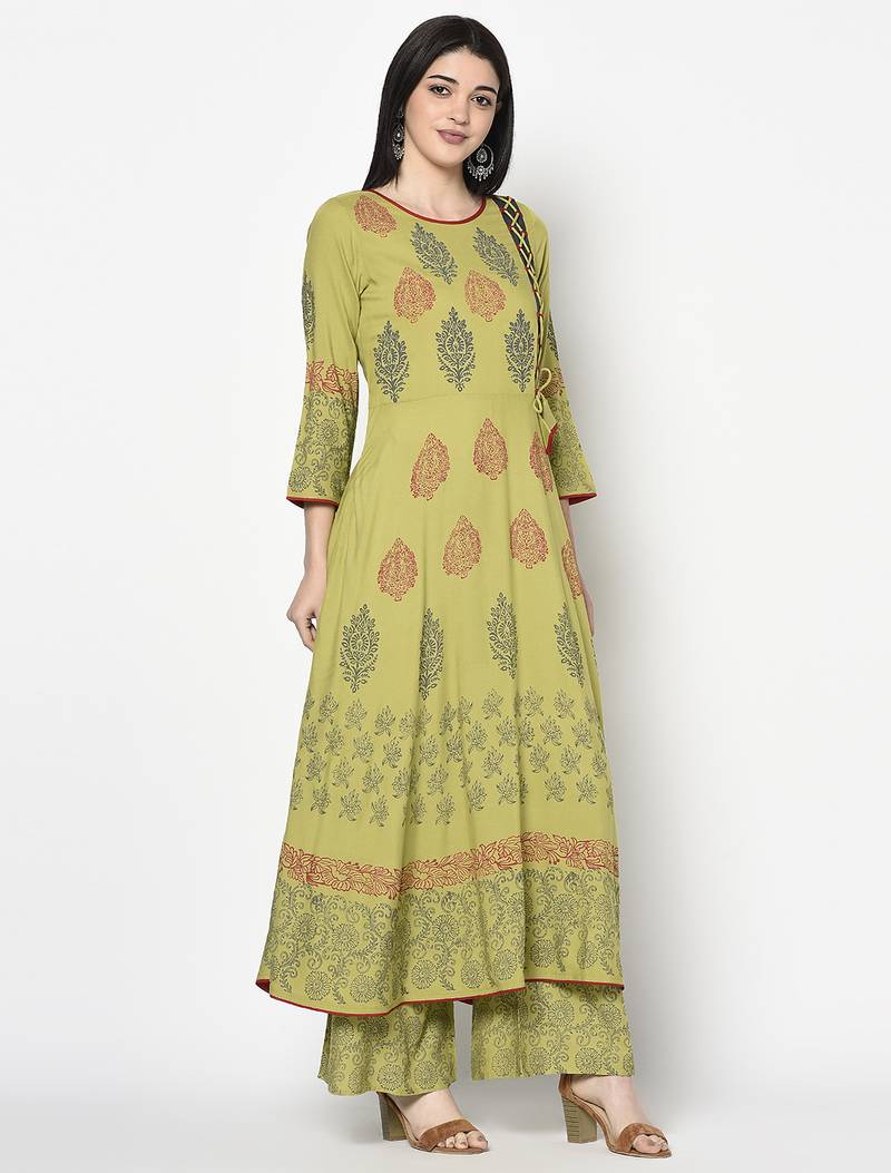 Rayon block print anarkali kurta,parrot green,(s,m,l,xl,2xl,3xl)