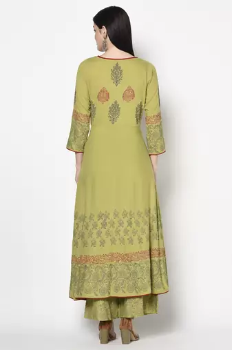 Rayon block print anarkali kurta,parrot green,(s,m,l,xl,2xl,3xl)