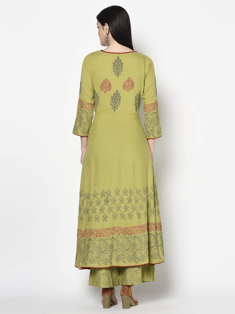 Rayon block print anarkali kurta,parrot green,(s,m,l,xl,2xl,3xl)
