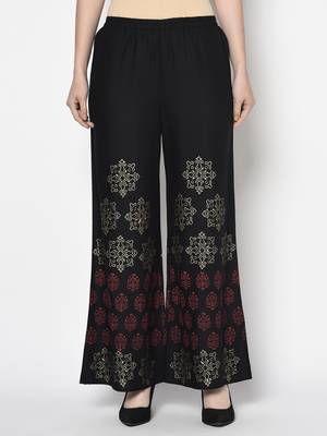 Rayon block print flared slip-on palazzo,black,(s,m,l,xl,2xl,3xl) 1