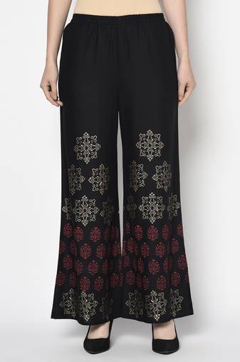 Rayon block print flared slip-on palazzo black