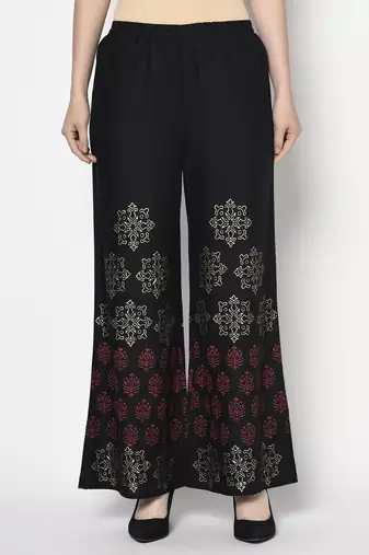 Rayon block print flared slip-on palazzo,black,(s,m,l,xl,2xl,3xl)