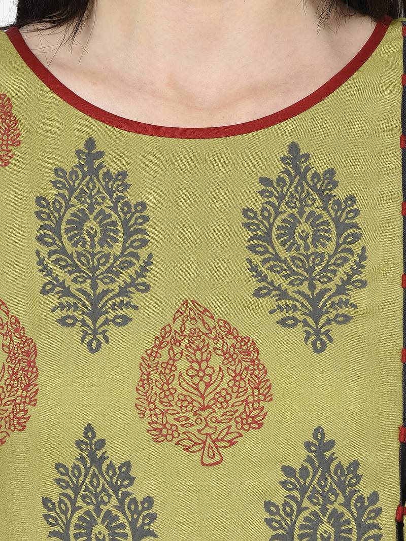 Rayon block print anarkali kurta,parrot green,(s,m,l,xl,2xl,3xl)