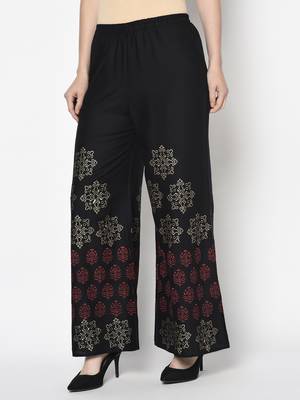Rayon block print flared slip-on palazzo,black,(s,m,l,xl,2xl,3xl) 2