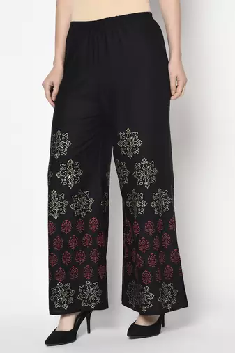 Rayon block print flared slip-on palazzo,black,(s,m,l,xl,2xl,3xl)