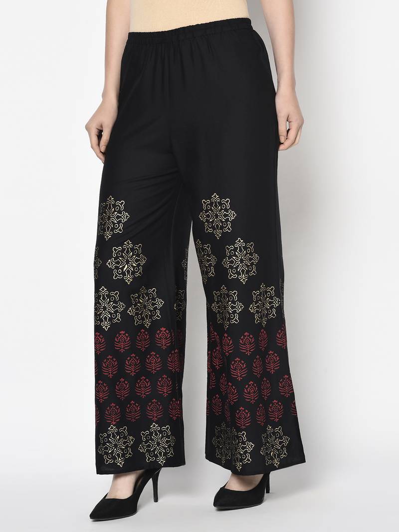 Rayon block print flared slip-on palazzo,black,(s,m,l,xl,2xl,3xl)