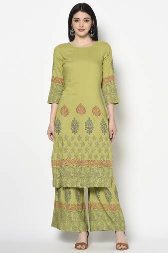 Rayon block print straight kurta palazzo set parrot green