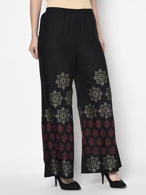Rayon block print flared slip-on palazzo,black,(s,m,l,xl,2xl,3xl) 3