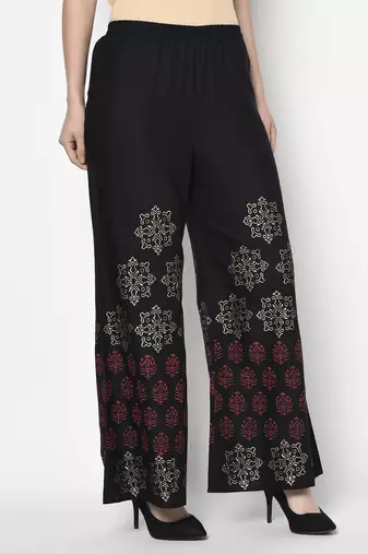 Rayon block print flared slip-on palazzo,black,(s,m,l,xl,2xl,3xl)
