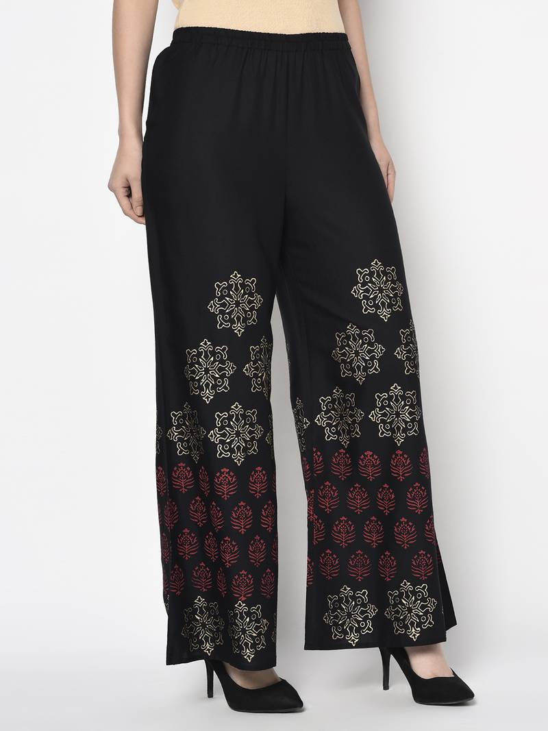 Rayon block print flared slip-on palazzo,black,(s,m,l,xl,2xl,3xl)