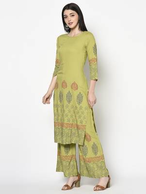 Rayon block print straight kurta palazzo set,parrot green,(s,m,l,xl,2xl,3xl) 2