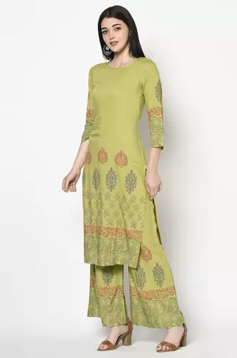 Rayon block print straight kurta palazzo set,parrot green,(s,m,l,xl,2xl,3xl)