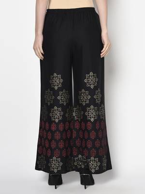 Rayon block print flared slip-on palazzo,black,(s,m,l,xl,2xl,3xl) 4