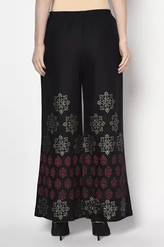 Rayon block print flared slip-on palazzo,black,(s,m,l,xl,2xl,3xl)