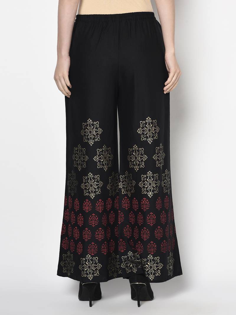Rayon block print flared slip-on palazzo,black,(s,m,l,xl,2xl,3xl)