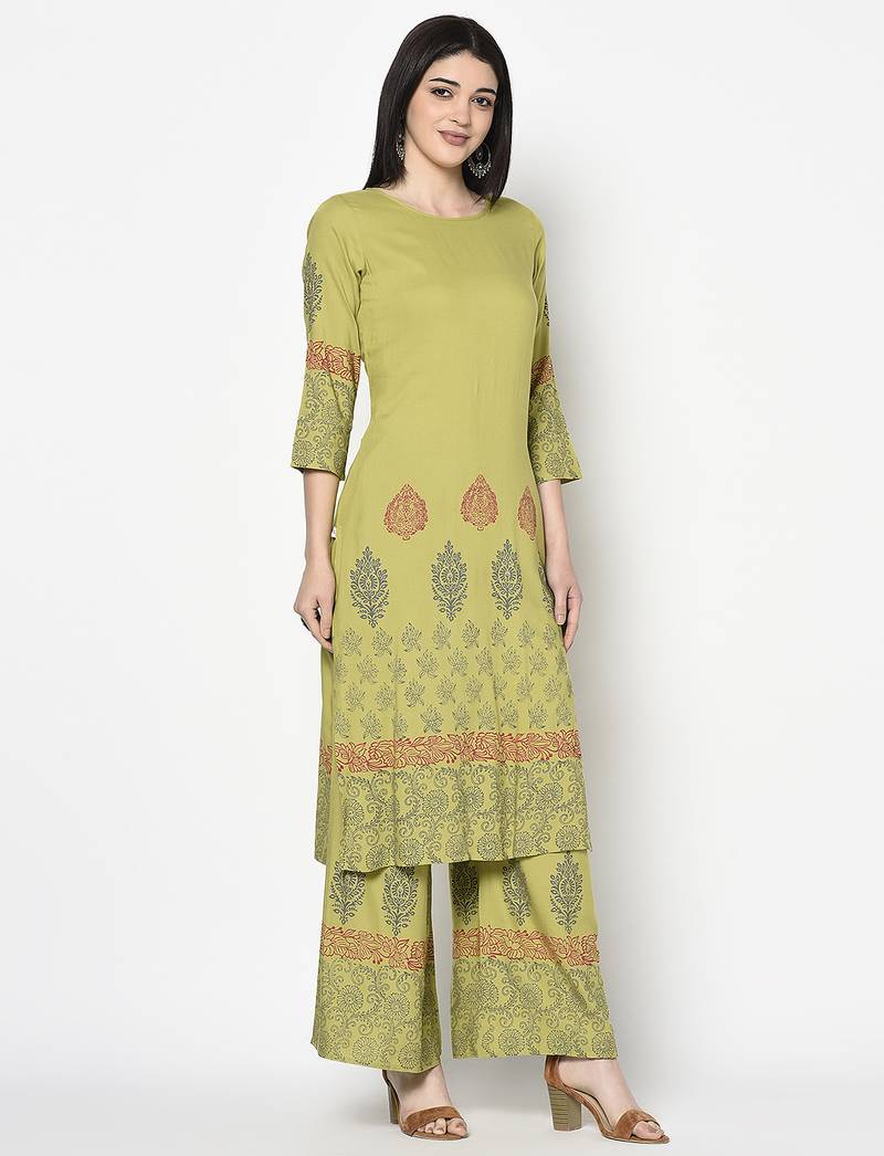 Rayon block print straight kurta palazzo set,parrot green,(s,m,l,xl,2xl,3xl)
