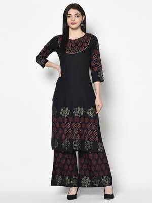 Rayon block print flared slip-on palazzo,black,(s,m,l,xl,2xl,3xl) 5