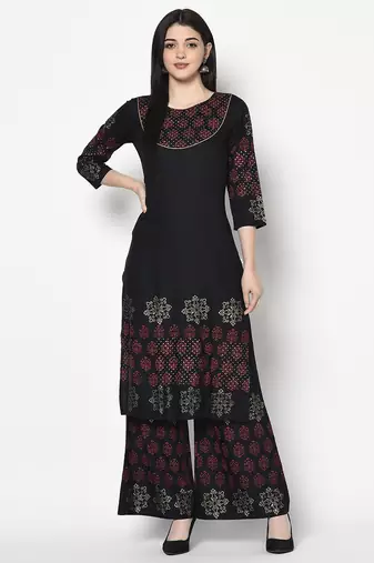 Rayon block print flared slip-on palazzo,black,(s,m,l,xl,2xl,3xl)