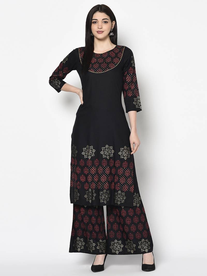 Rayon block print flared slip-on palazzo,black,(s,m,l,xl,2xl,3xl)