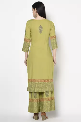 Rayon block print straight kurta palazzo set,parrot green,(s,m,l,xl,2xl,3xl)