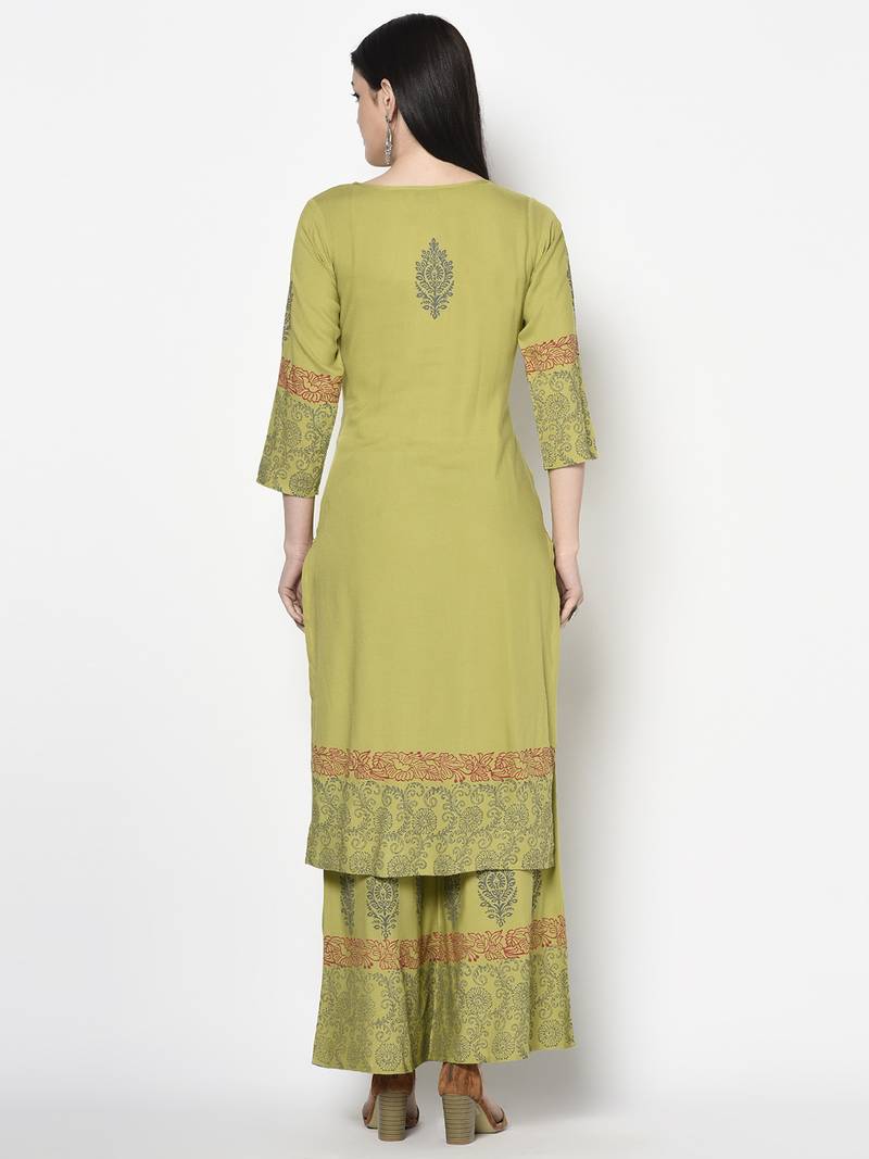 Rayon block print straight kurta palazzo set,parrot green,(s,m,l,xl,2xl,3xl)