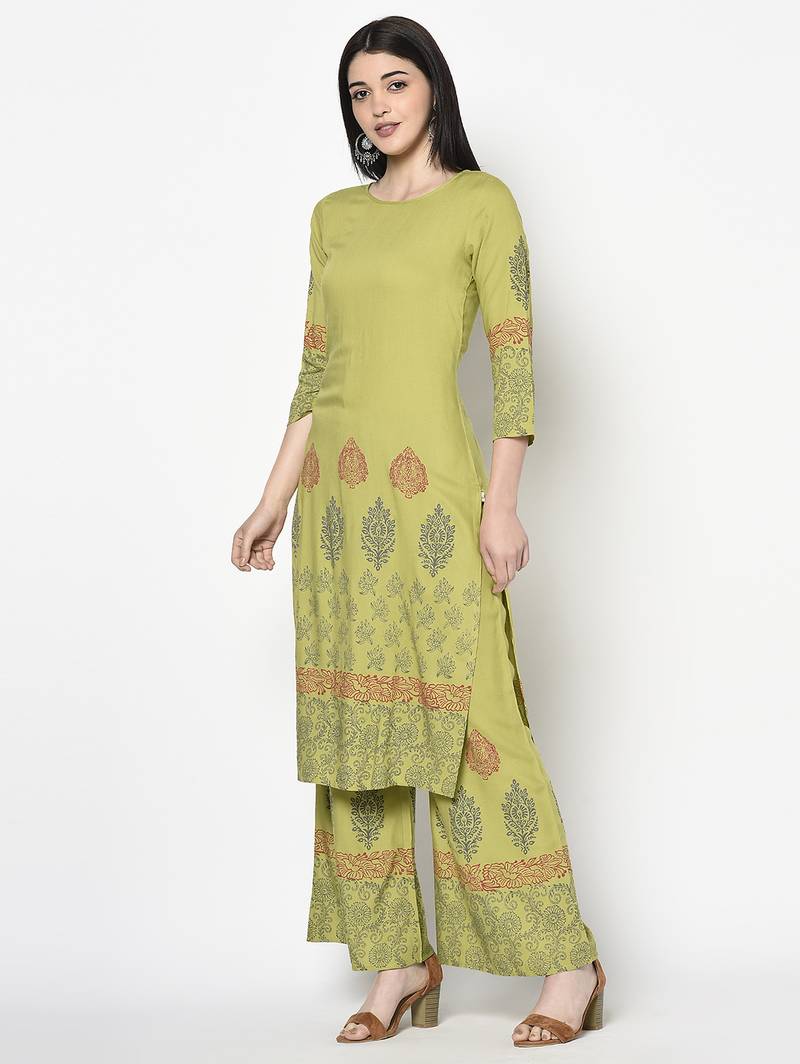 rayon block print straight kurta ,parrot green,(s,m,l,xl,2xl,3xl)