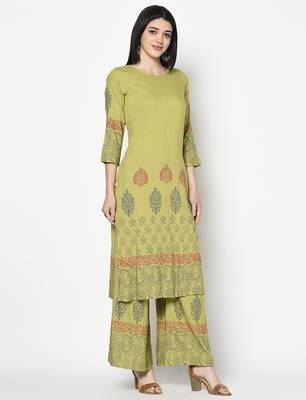 rayon block print straight kurta ,parrot green,(s,m,l,xl,2xl,3xl) 3