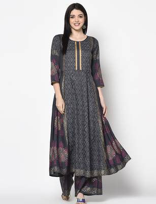 Rayon block print anarkali palazzo set,dark grey,(s,m,l,xl,2xl,3xl) 1