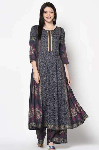 Rayon block print anarkali palazzo set,dark grey,(s,m,l,xl,2xl,3xl)