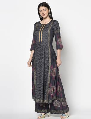 Rayon block print anarkali palazzo set,dark grey,(s,m,l,xl,2xl,3xl) 2
