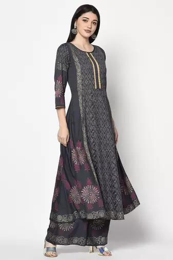 Rayon block print anarkali palazzo set,dark grey,(s,m,l,xl,2xl,3xl)