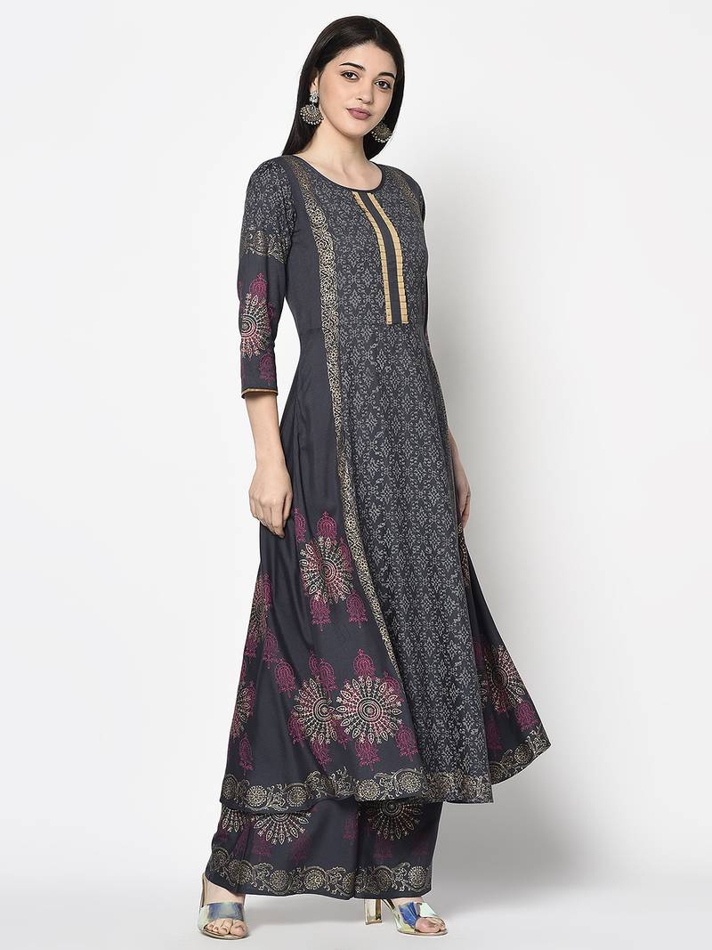 Rayon block print anarkali palazzo set,dark grey,(s,m,l,xl,2xl,3xl)