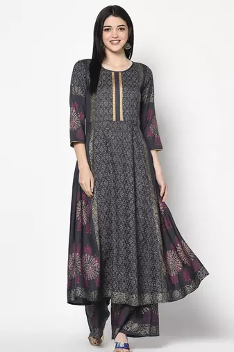 Rayon block print anarkali kurta,dark grey,(s,m,l,xl,2xl,3xl)