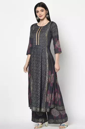Rayon block print anarkali kurta,dark grey,(s,m,l,xl,2xl,3xl)